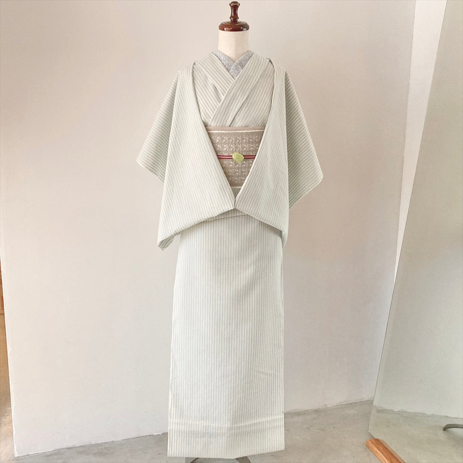 伊勢 綿麻着物 ストライプ/白×水色