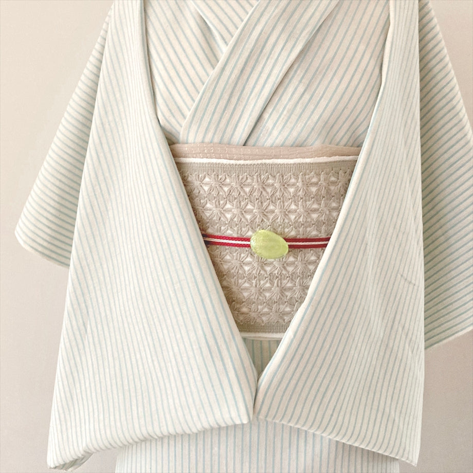 伊勢 綿麻着物 ストライプ/白×水色