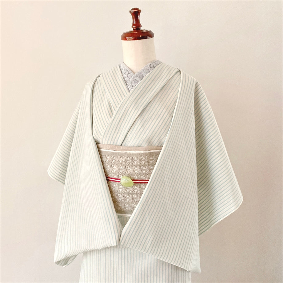 伊勢 綿麻着物 ストライプ/白×水色