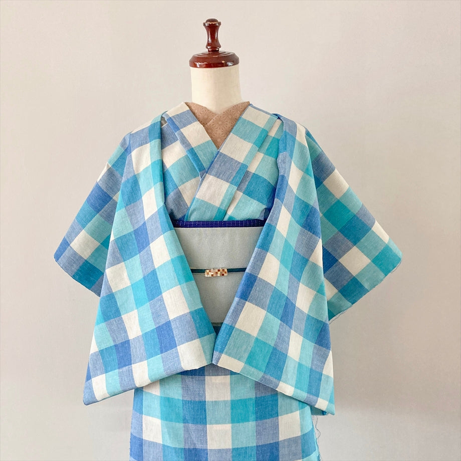 伊勢 綿麻着物 ブロックチェック/水色