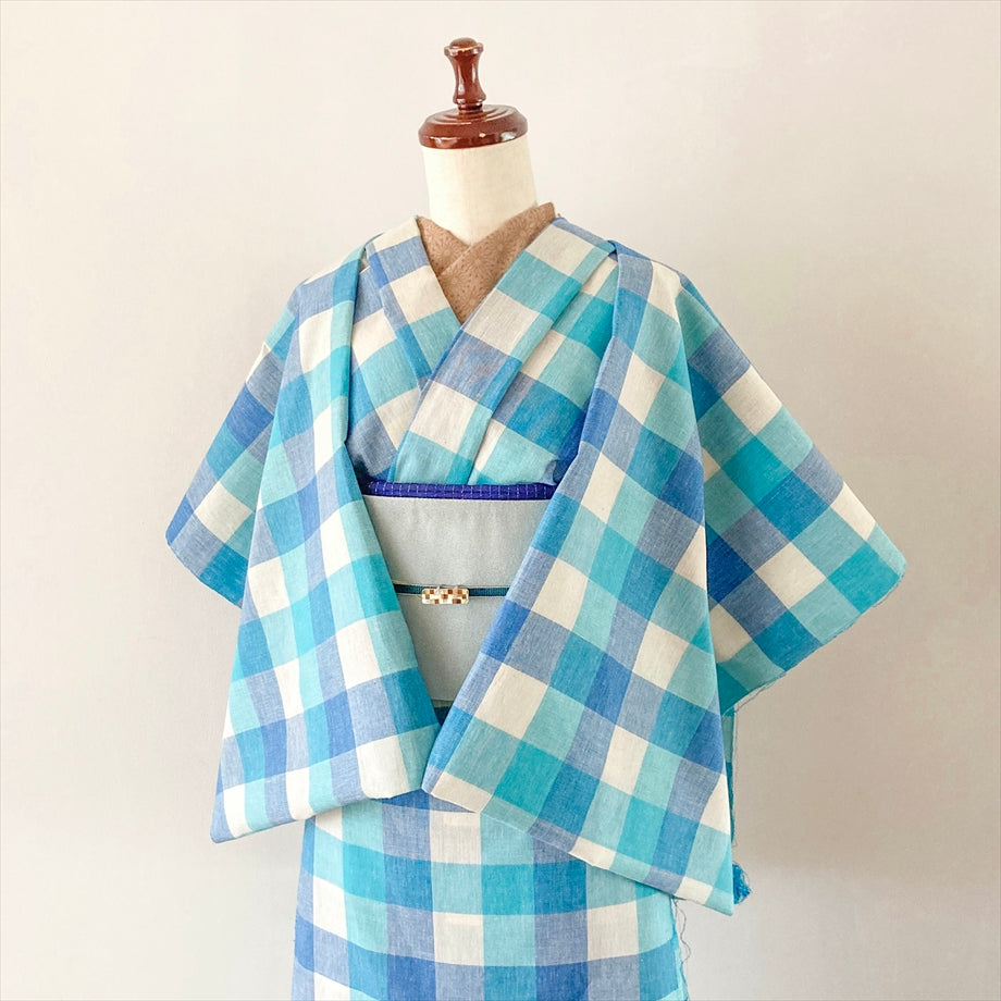 伊勢 綿麻着物 ブロックチェック/水色