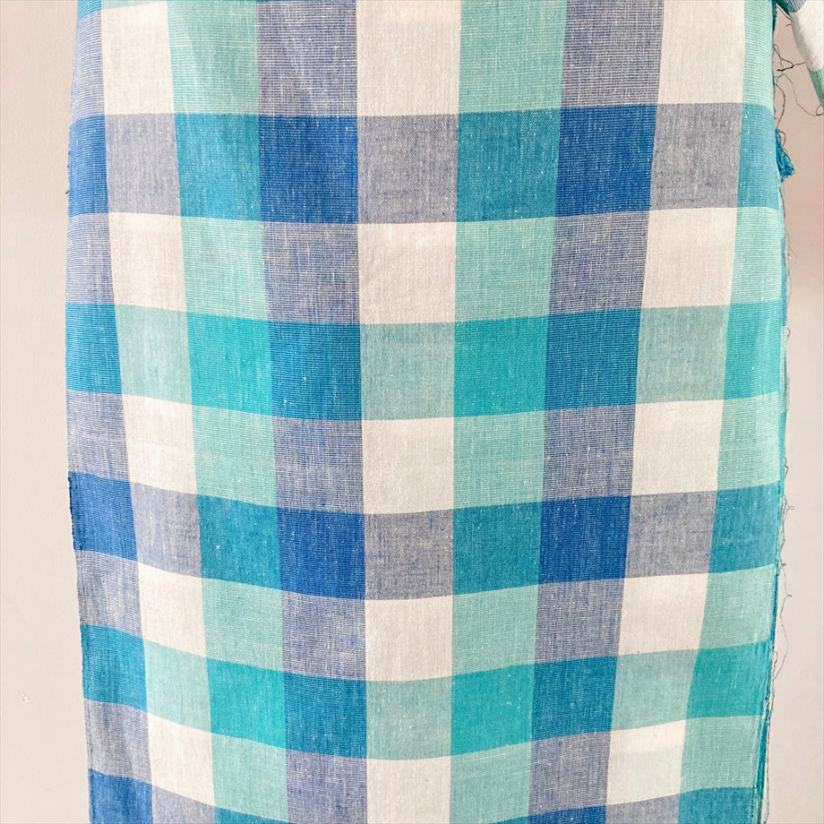 伊勢 綿麻着物 ブロックチェック/水色