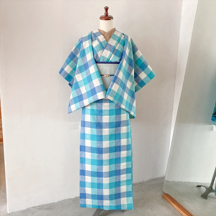 伊勢 綿麻着物 ブロックチェック/水色