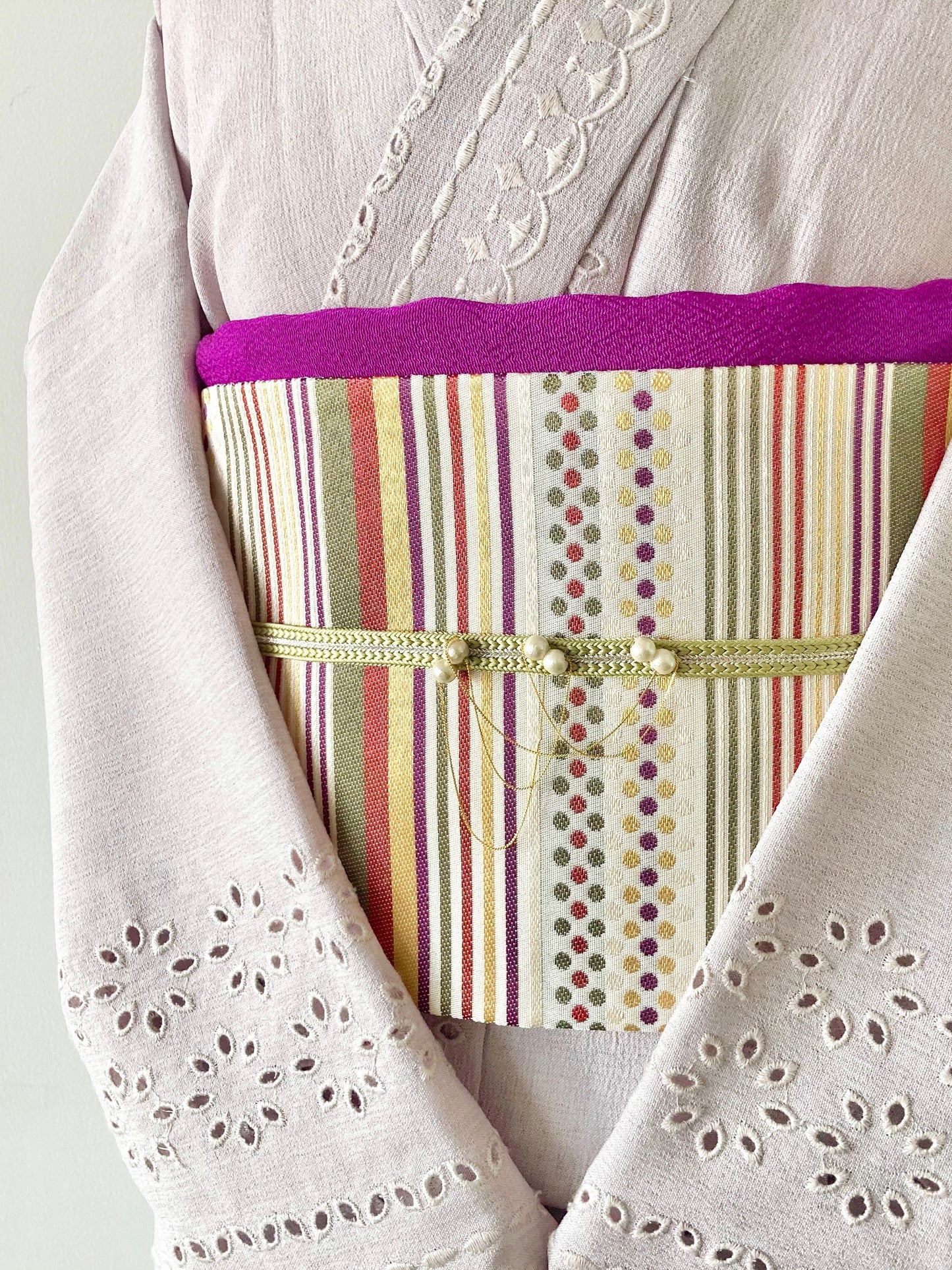 ボーダーレース単衣着物ライトグレー