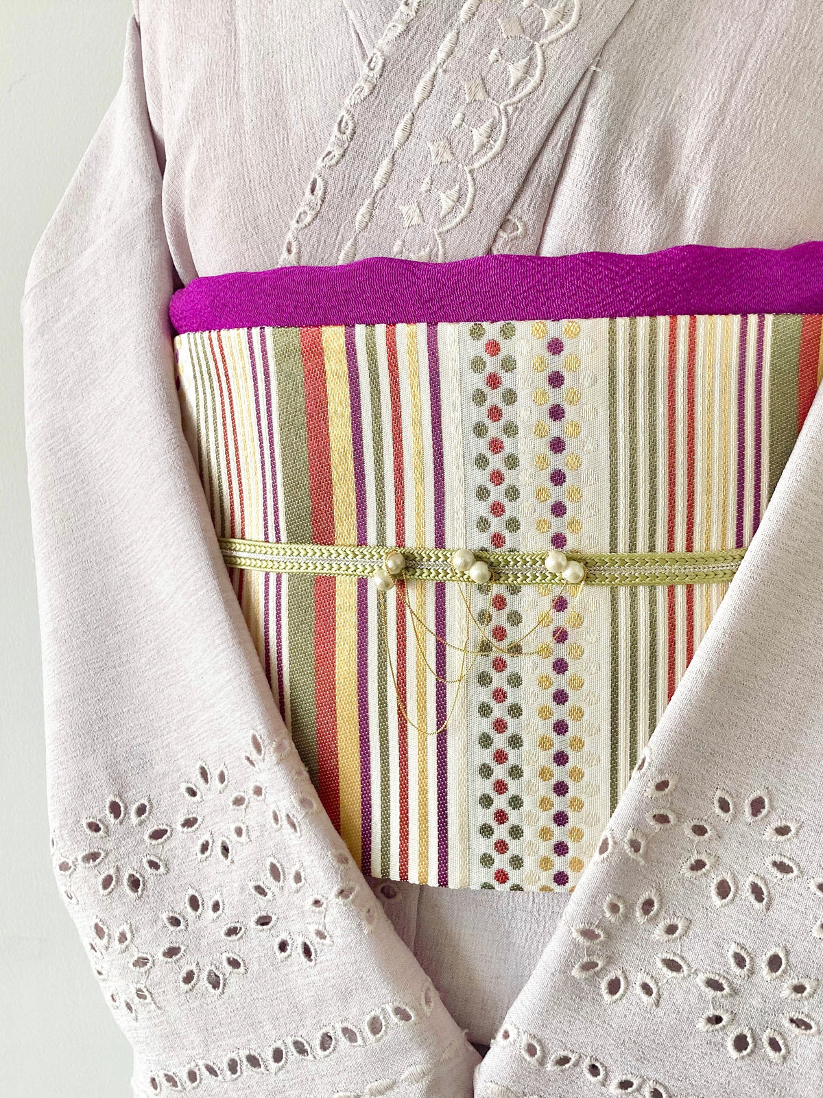 ボーダーレース単衣着物ライトグレー