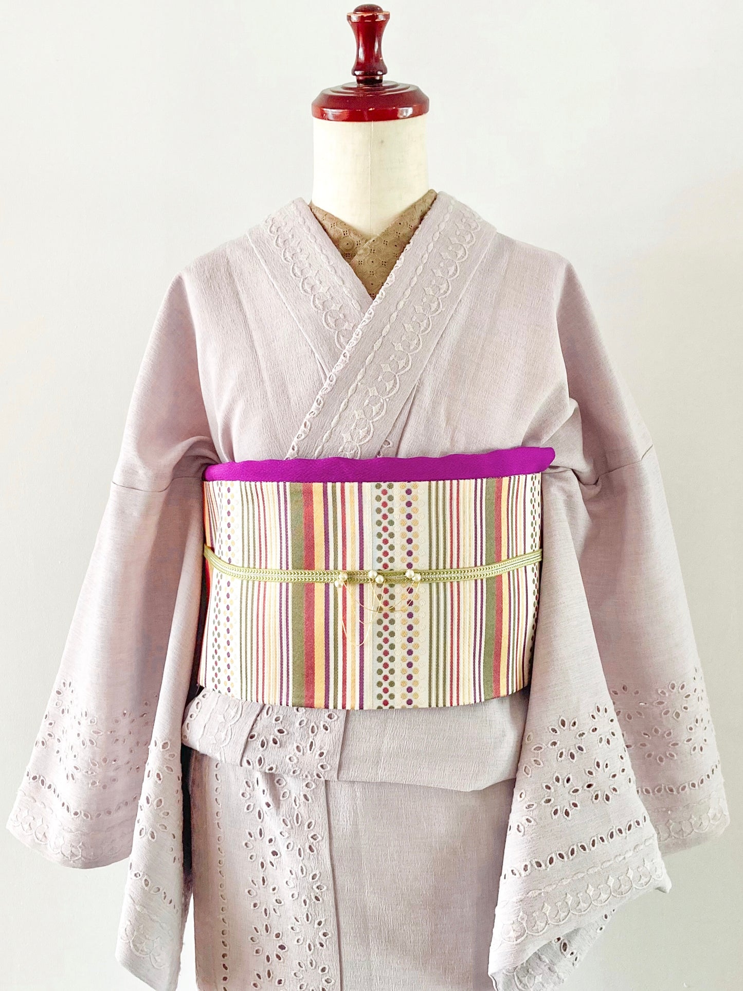 ボーダーレース単衣着物ライトグレー