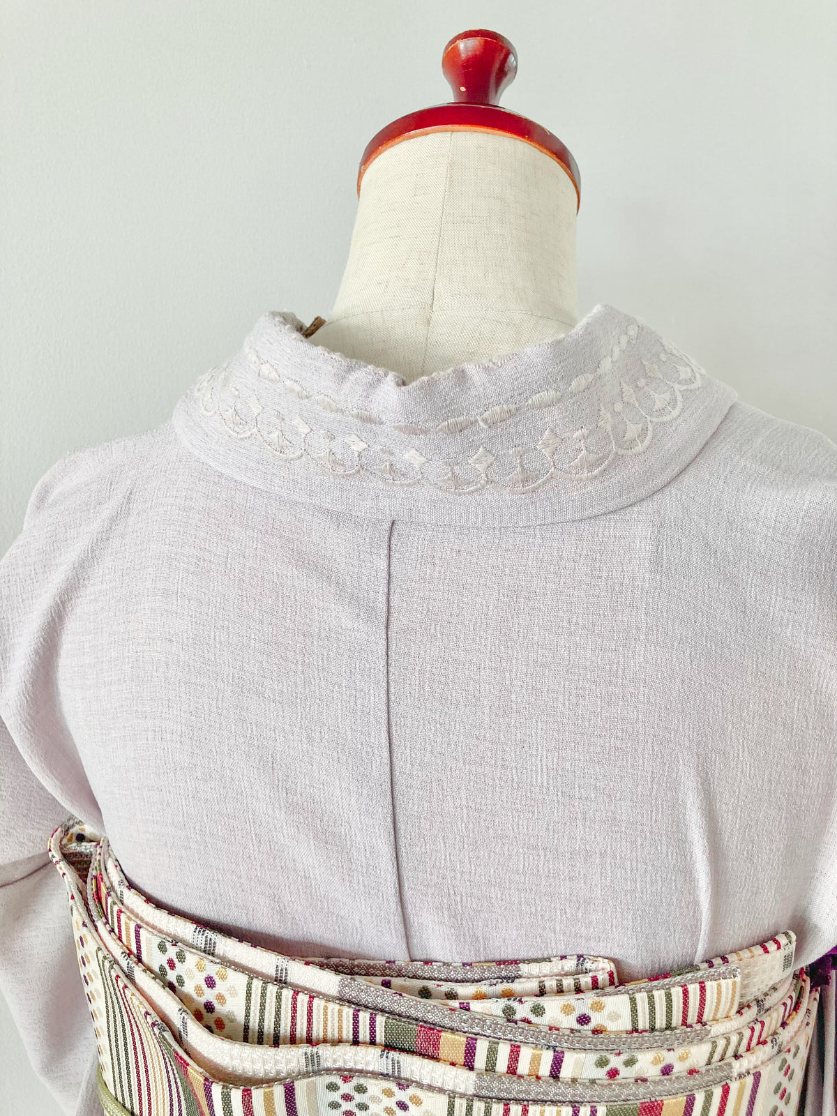 ボーダーレース単衣着物ライトグレー