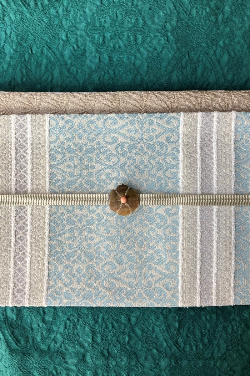 【セット】　三分紐ペールグリーン×帯留 ブラウン花