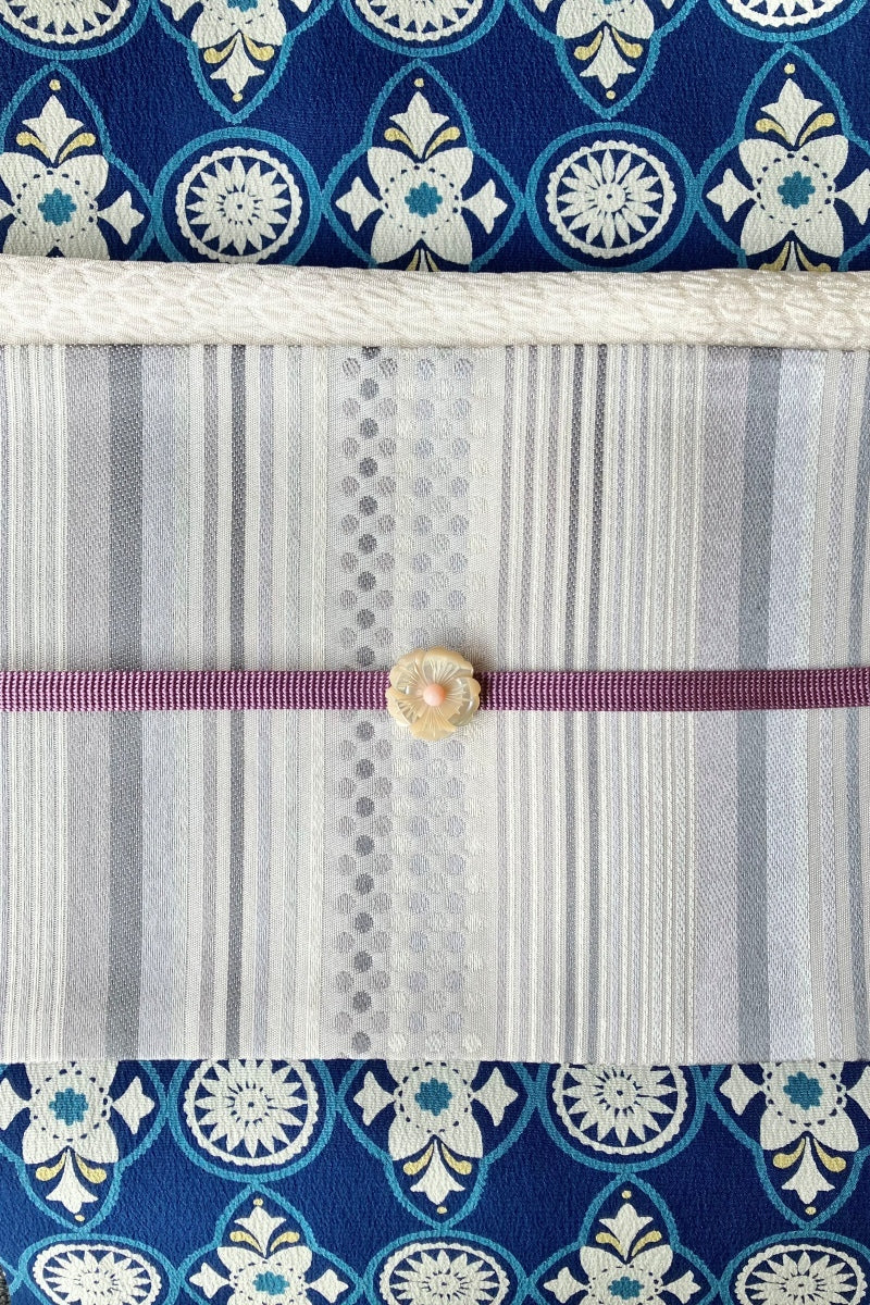 半巾帯　ドットボーダー白グレー