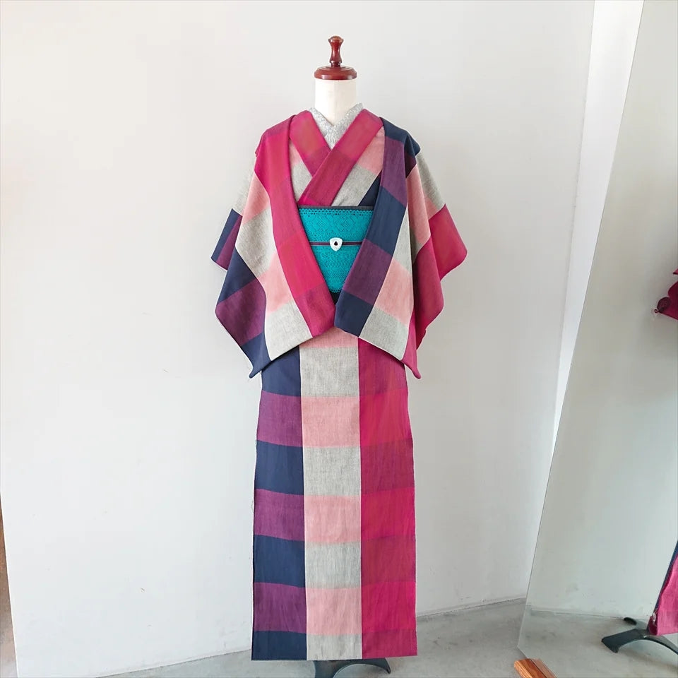 伊勢木綿 3列チェック/赤×白×紺