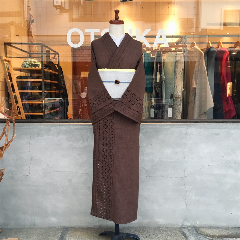 ボーダーレース単衣着物ブラウン