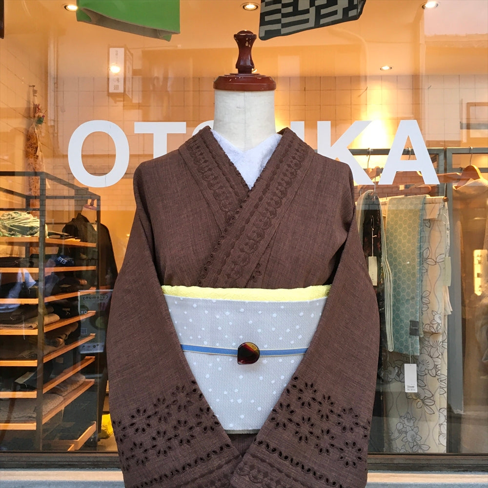 ボーダーレース単衣着物ブラウン