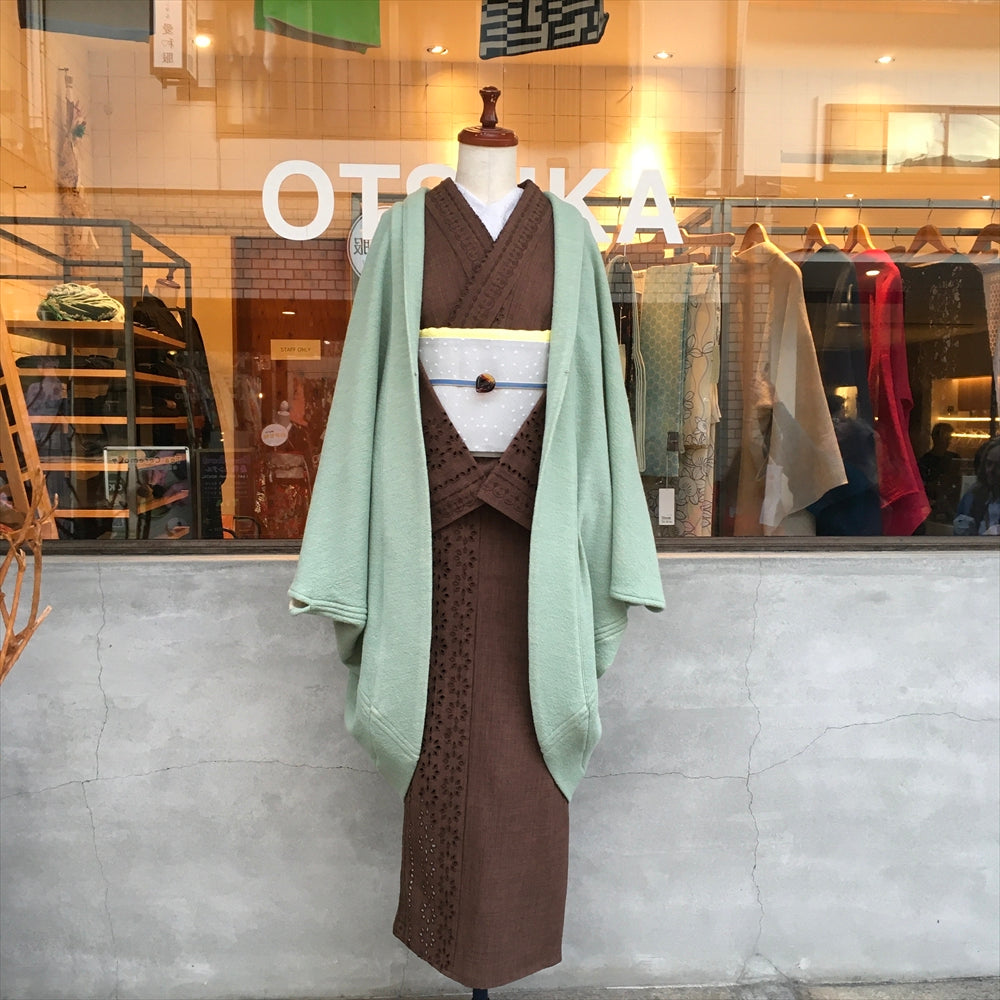 ボーダーレース単衣着物ブラウン