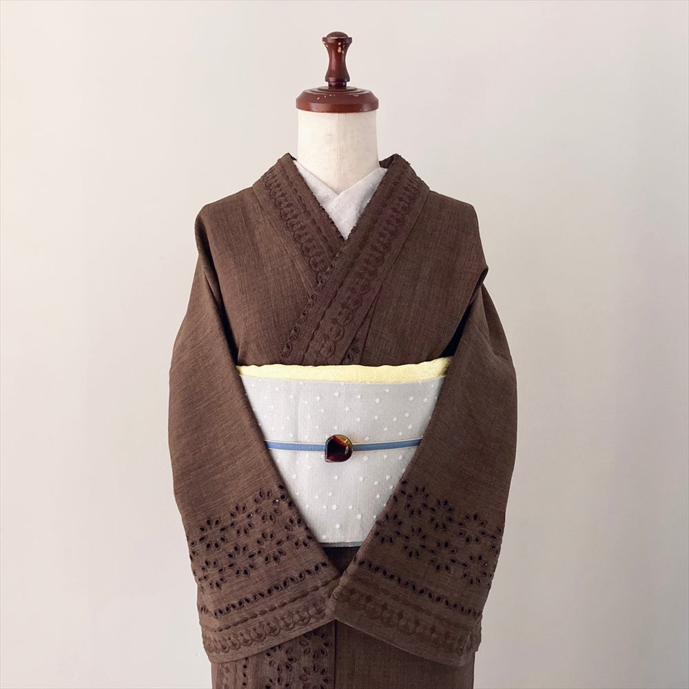 ボーダーレース単衣着物ブラウン