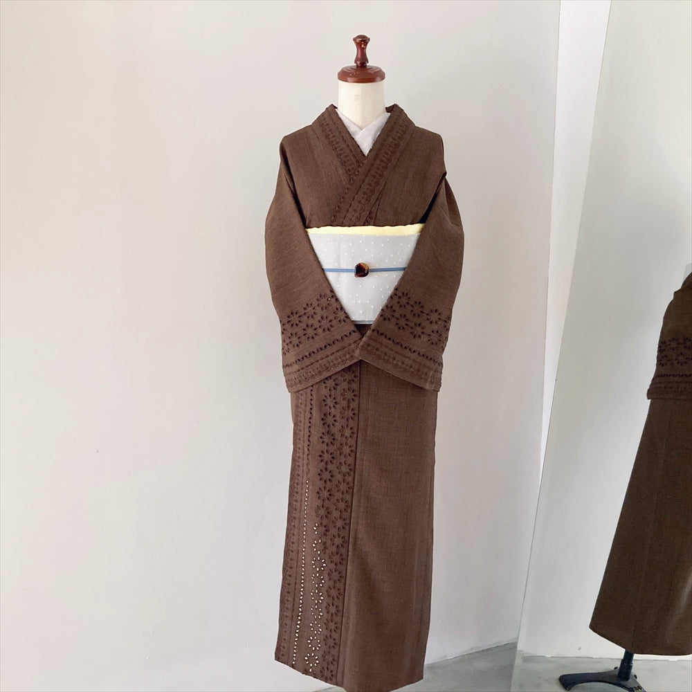 ボーダーレース単衣着物ブラウン